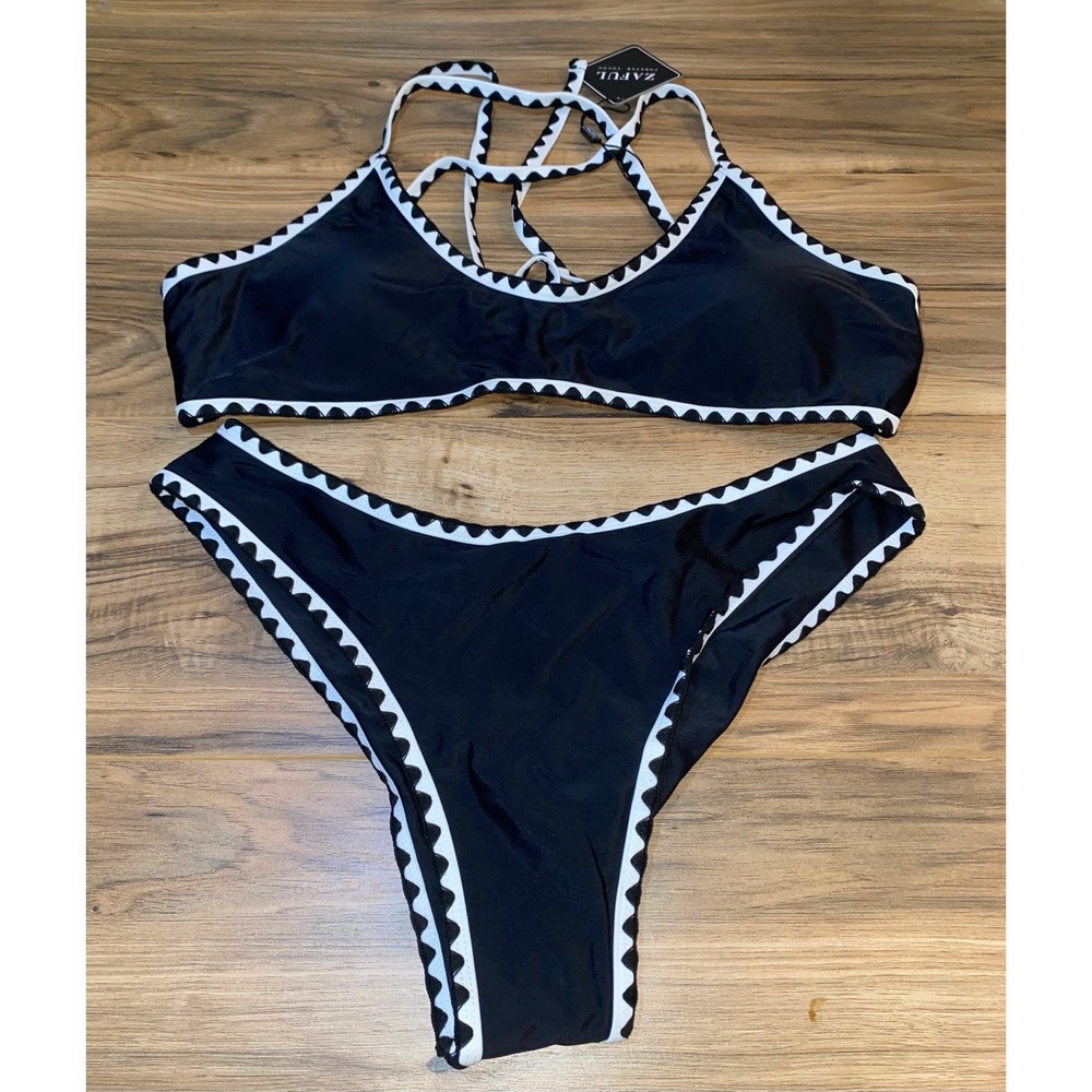 ZAFUL Women's Tie Back Padded High Cut Bralette Bikini Set Two‎ Piece Swimsuit